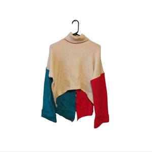 NWT Blue B Sweater Size M/L Cropped Turtleneck Lagenlook Colorblock Artsy Cabin